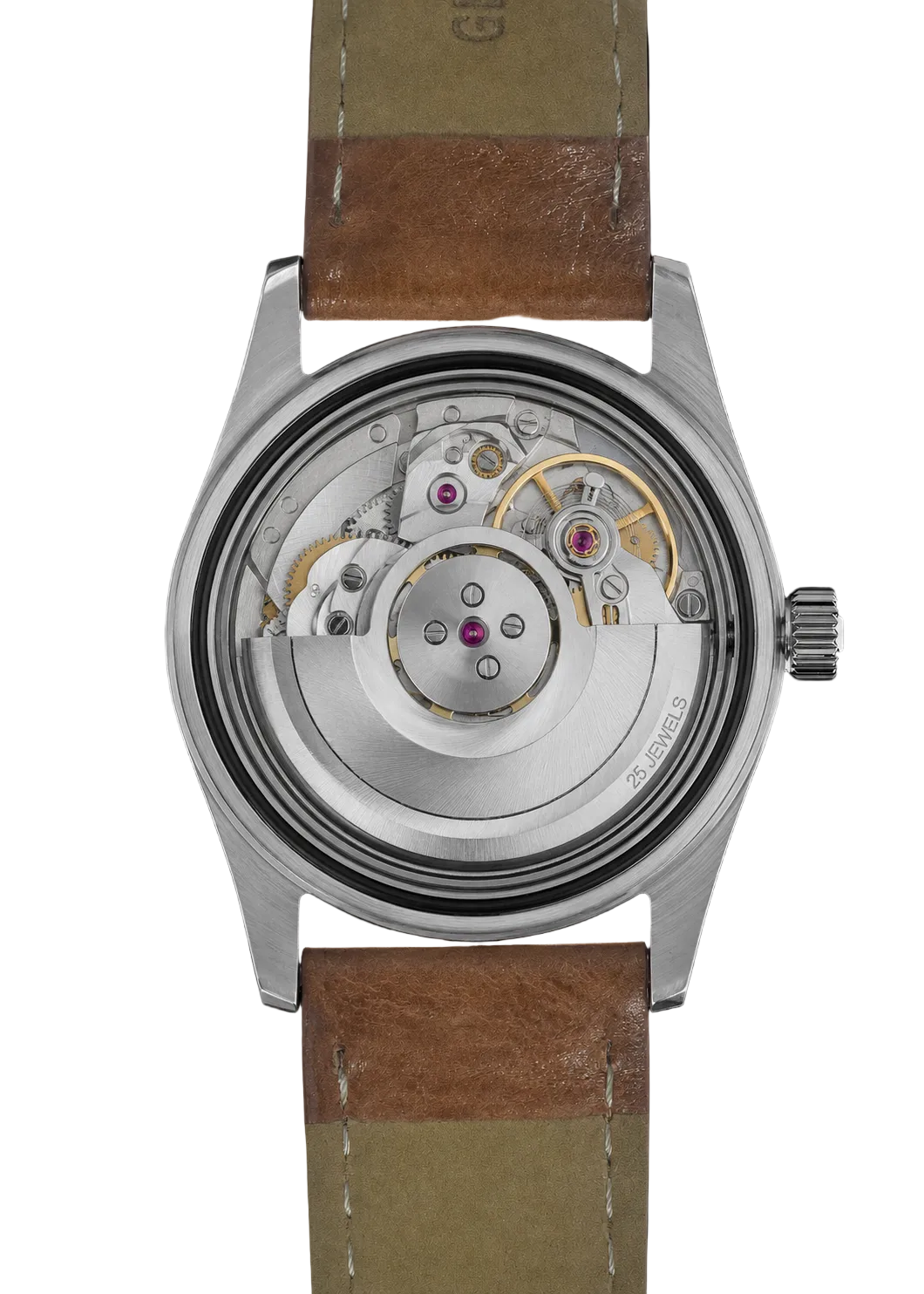 Reloj automático Aeschbach de los años 50 con 25 joyas, resistente al agua 200 m, pintura luminosa retro, cristal de zafiro y correa de piel de becerro