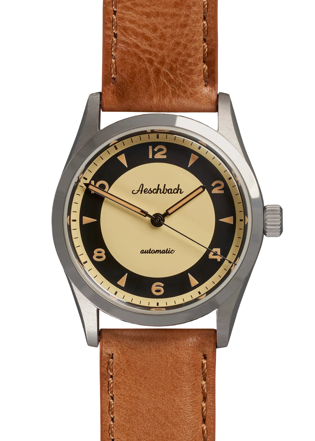 Reloj automático Aeschbach de los años 50 con 25 joyas, resistente al agua 200 m, pintura luminosa retro, cristal de zafiro y correa de piel de becerro