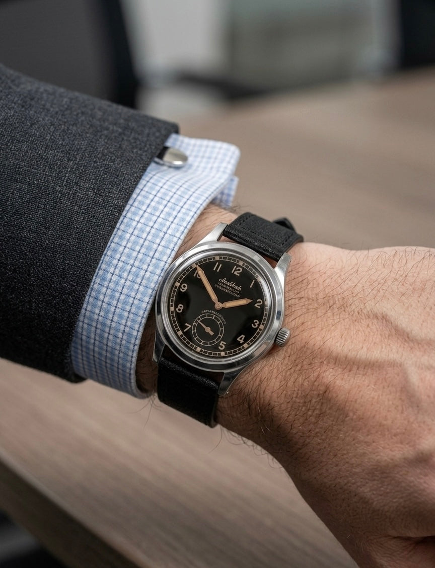 Montre de pilote Aeschbach WW2 modèle Allemagne Luftwaffe / Reichsluftfahrtministerium (RLM) avec un mouvement suisse Sellita SW216 à 24 rubis et un verre saphir bombé vintage en forme de boîte
