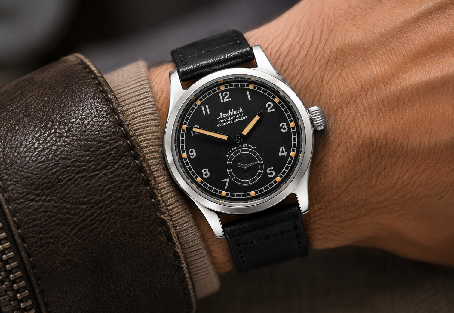 Reloj de piloto alemán Luftwaffe / Reichsluftfahrtministerium (RLM) patrón WW2 Aeschbach con movimiento automático suizo Sellita SW260 de 31 rubíes y cristal de caja vintage abovedado de zafiro