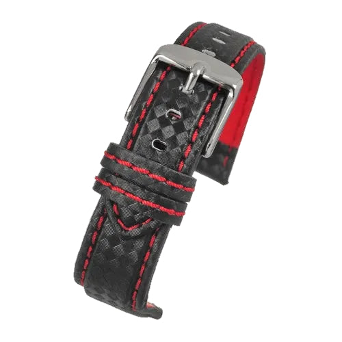 22mm Premium Black Carbon Fibre Watch Strap with Red Stitching