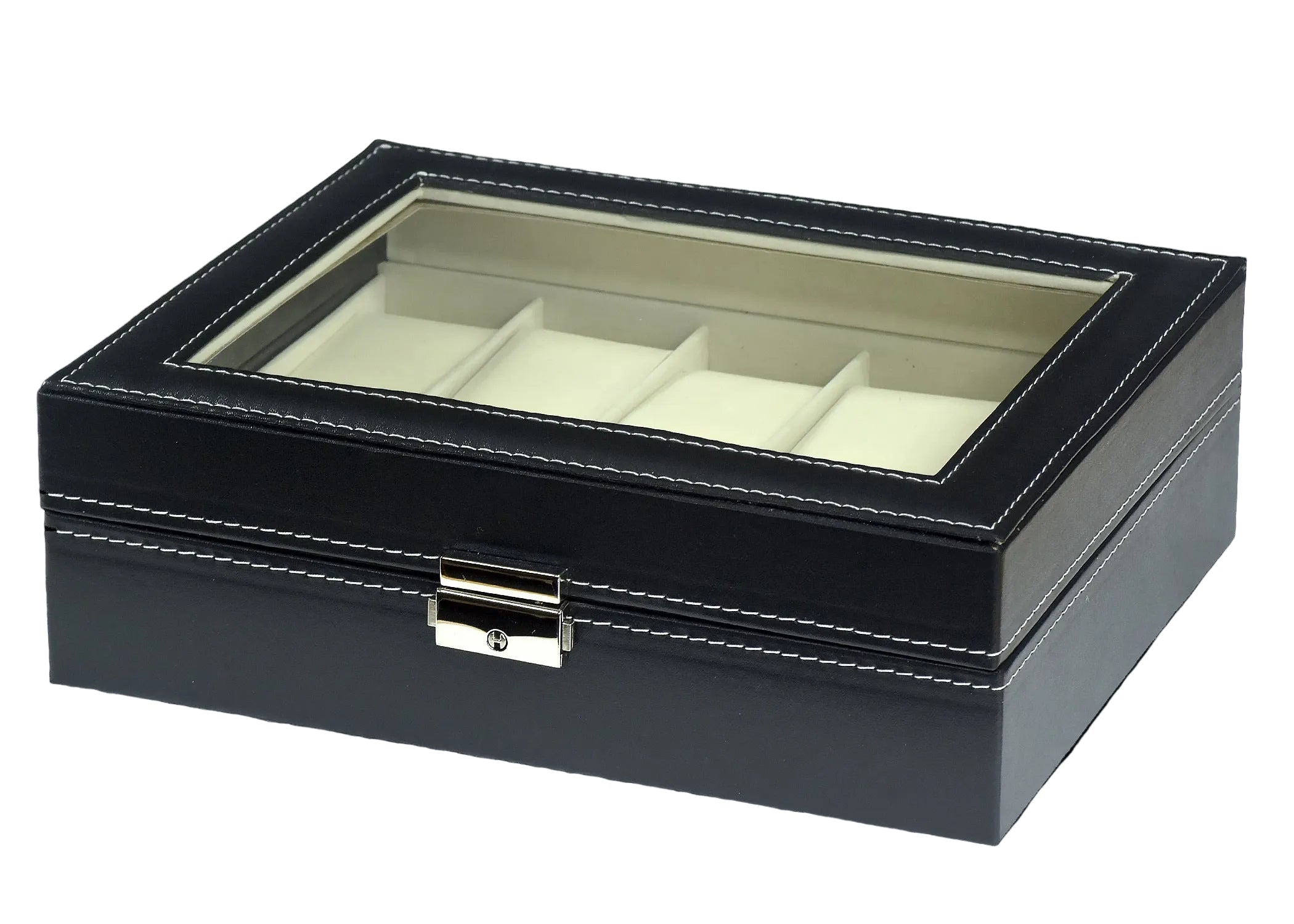 PU Leather Watch Display Case for 10 Watches with a Clear See Through Lid and Lock
