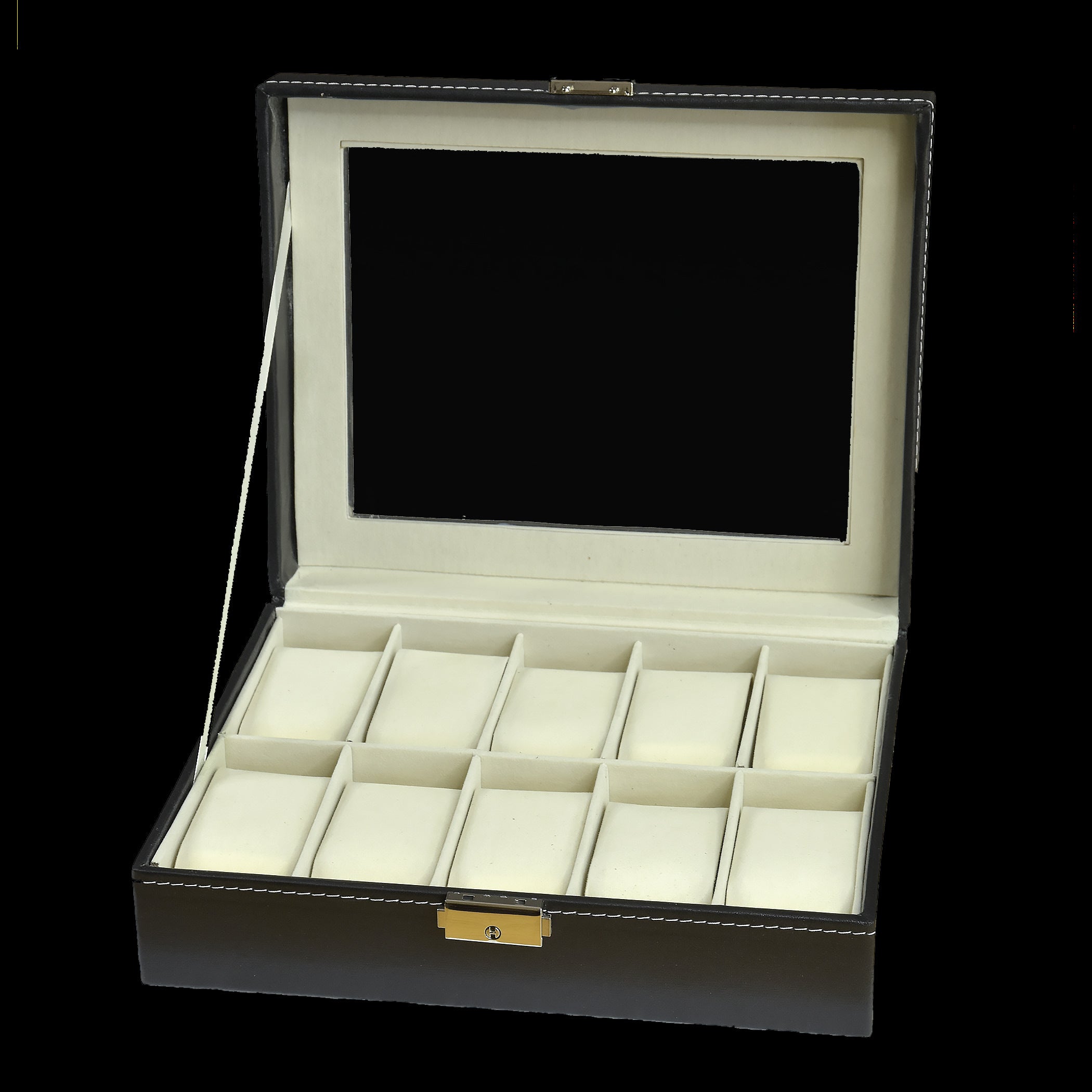 Boîte d'exposition pour montres en cuir PU pour 10 montres avec couvercle transparent et serrure