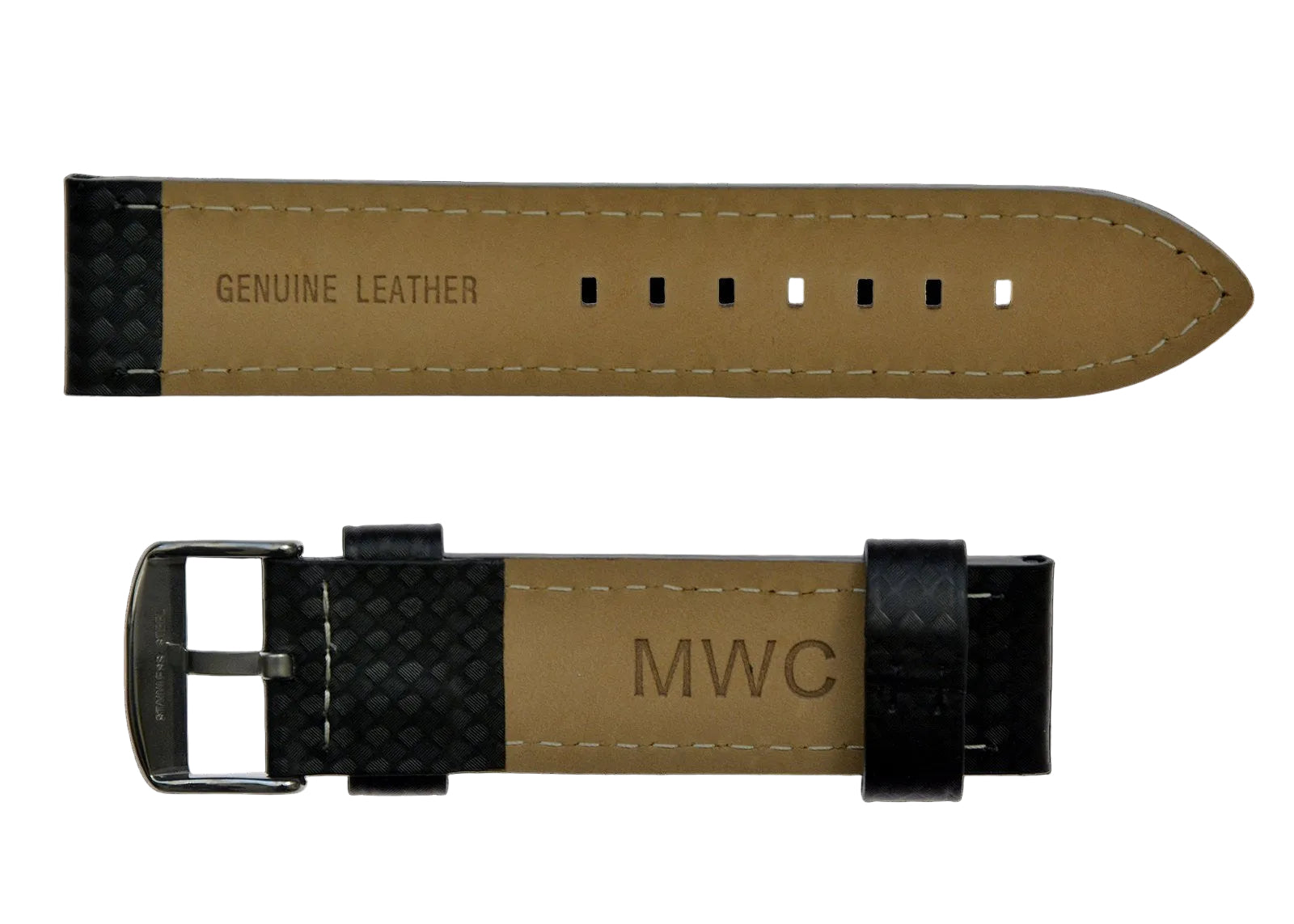 22mm MWC Branded Black Carbon Fibre Effect Leather Watch Strap