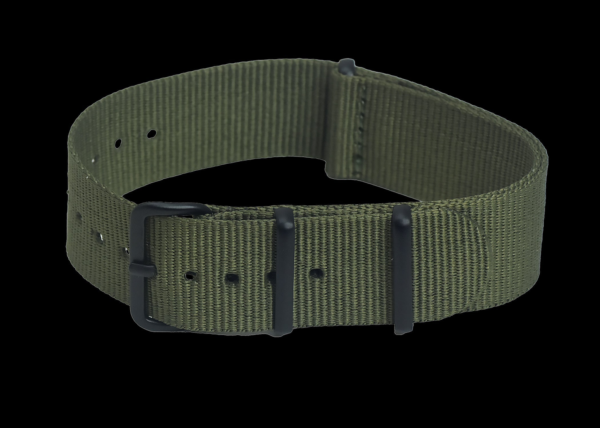 Bracelet de montre militaire NATO olive drab 20mm avec fixations noires PVD non réfléchissantes discrètes