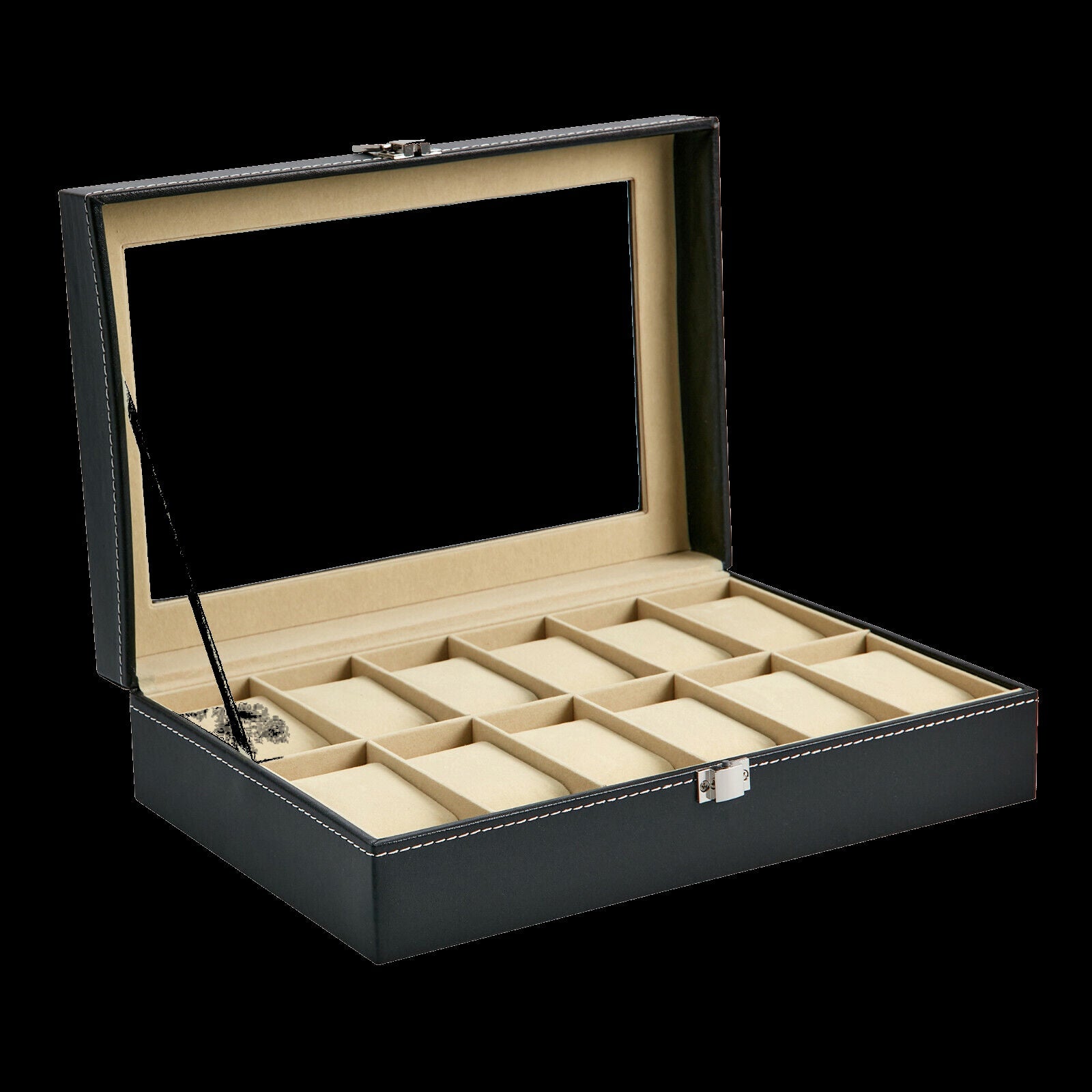 Estuche expositor para relojes de cuero PU para 12 relojes con tapa transparente y cerradura