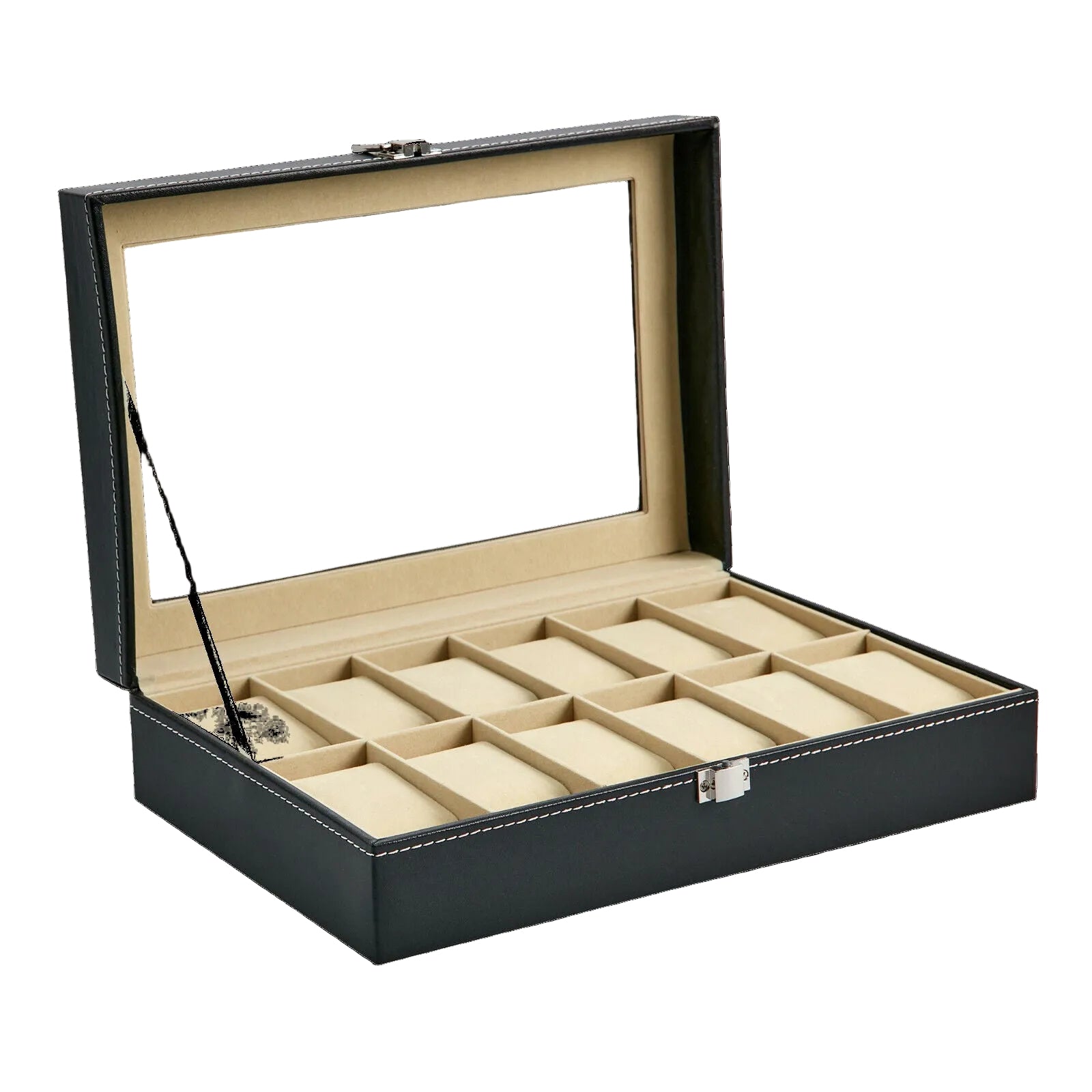 PU Leather Watch Display Case for 12 Watches with a Clear See Through Lid and Lock