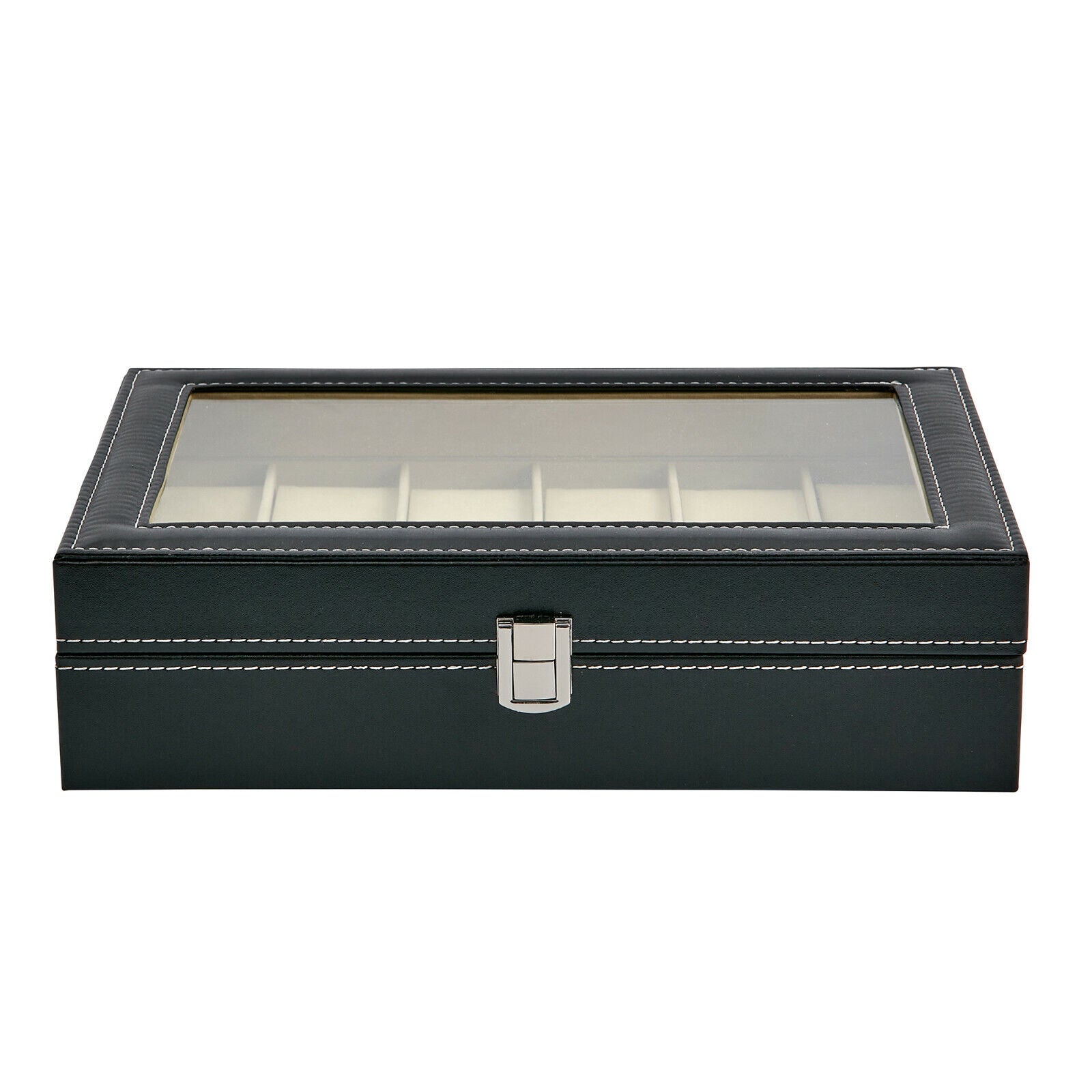 PU Leather Watch Display Case for 6 Watches with a Clear See Through Lid and Lock