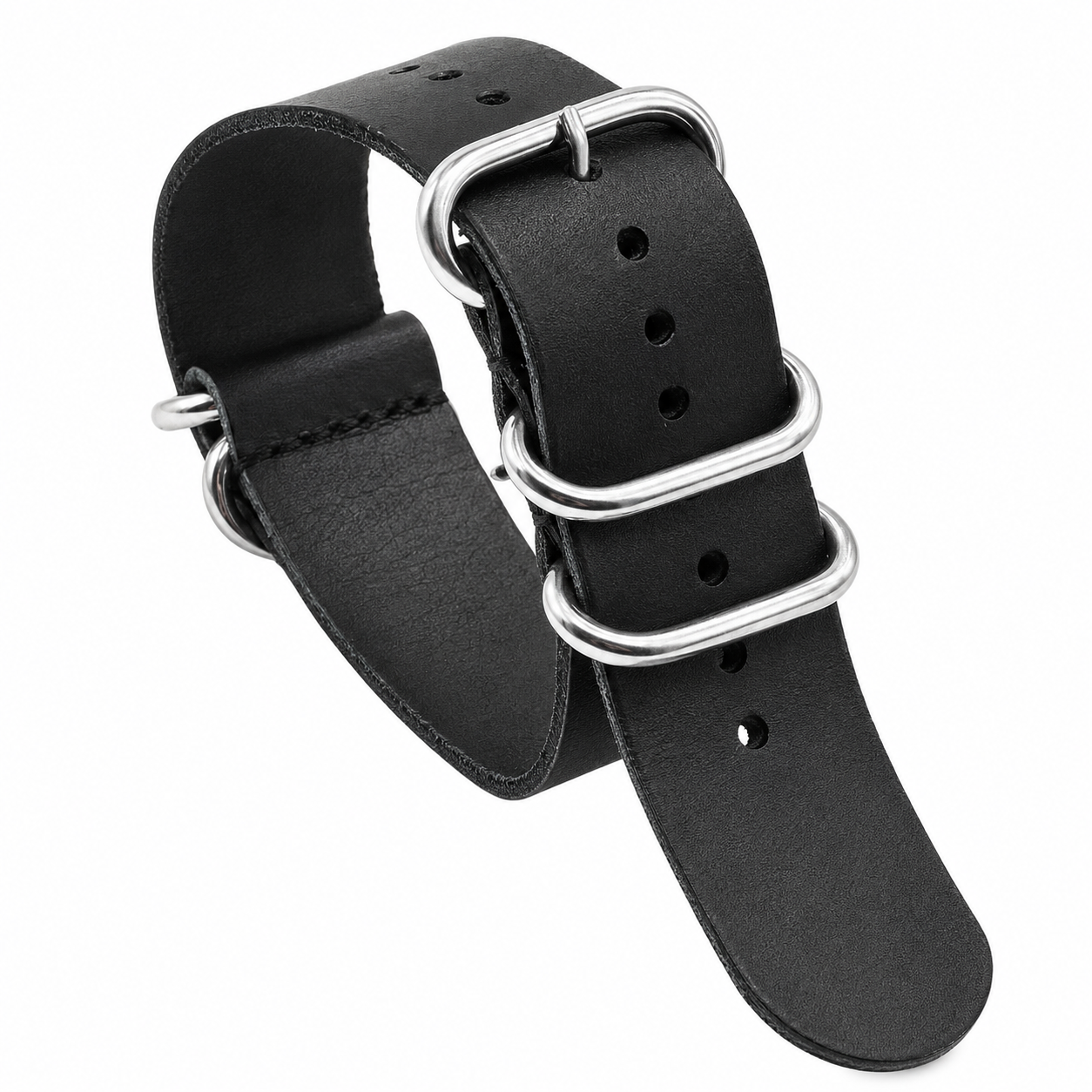 22mm Black High Grade Saddle Leather Zulu Military Watch Strap