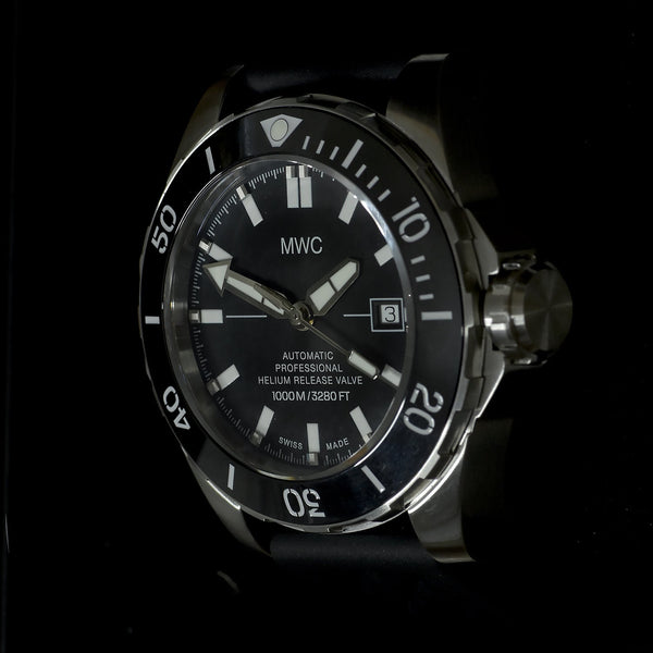 MWC 100atm / 3,280ft / 1000m Water Resistant Divers Watch in Stainless Steel Case with Helium Valve on Silicon Strap / 100% Swiss Made with a Sellita SW200 26 Jewel Automatic Movement