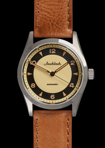 Aeschbach 1950s Pattern 25 Jewel Automatic, 200m Water Resistant Watch with Retro Luminous Paint, Sapphire Crystal & Calf Leather Strap - Brand New Ex Photographic and Promotion Watch Reduced