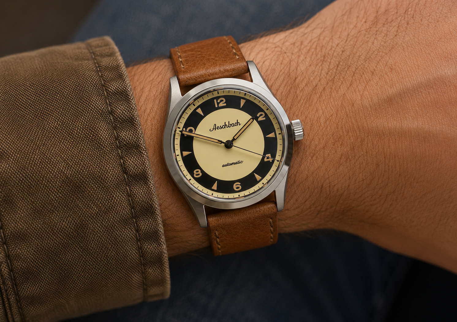 Reloj automático Aeschbach de los años 50 con 25 joyas, resistente al agua 200 m, pintura luminosa retro, cristal de zafiro y correa de piel de becerro  