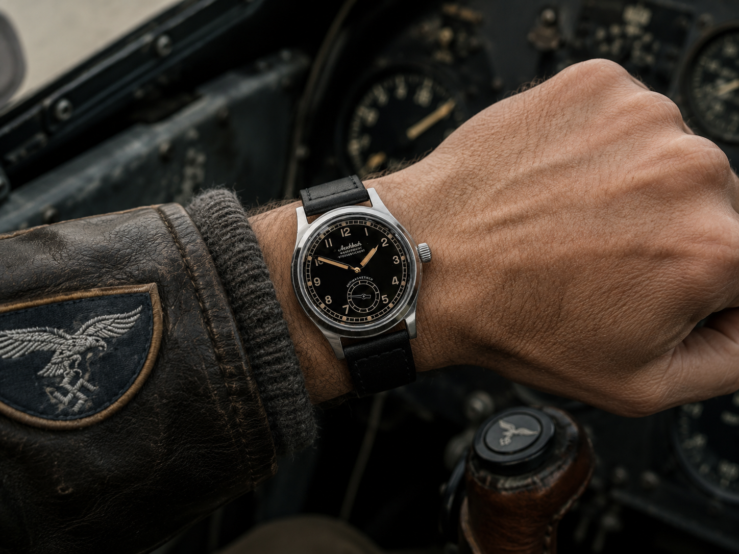 Reloj de piloto Aeschbach patrón WW2 Alemania Luftwaffe / Reichsluftfahrtministerium (RLM) con movimiento mecánico automático de 21 rubíes y cristal de zafiro