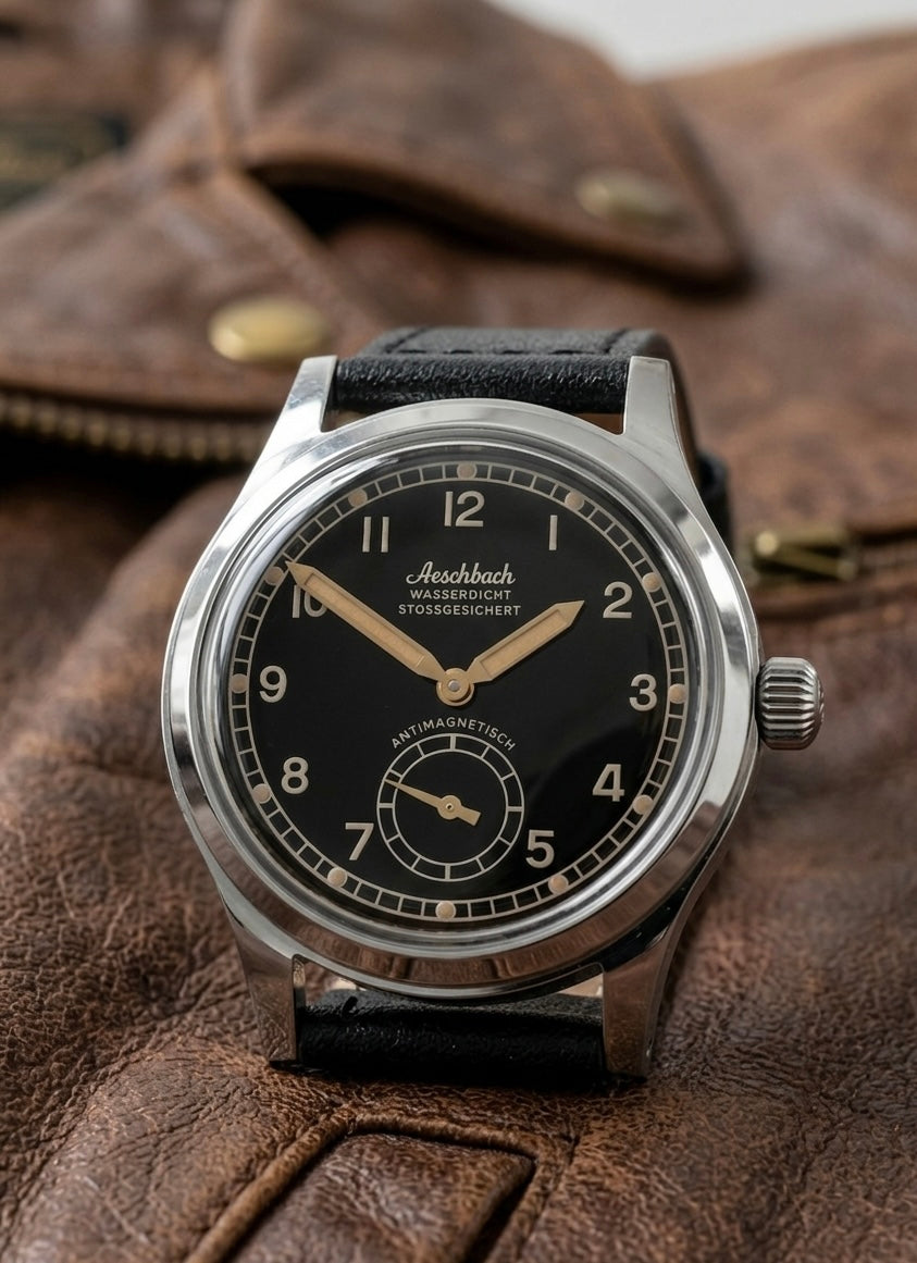 Montre de pilote Aeschbach WW2 modèle Allemagne Luftwaffe / Reichsluftfahrtministerium (RLM) avec un mouvement suisse Sellita SW216 à 24 rubis et un verre saphir bombé vintage en forme de boîte