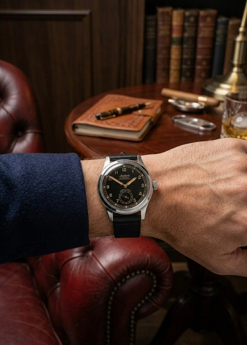 Montre de pilote Aeschbach WW2 modèle Allemagne Luftwaffe / Reichsluftfahrtministerium (RLM) avec un mouvement suisse Sellita SW216 à 24 rubis et un verre saphir bombé vintage en forme de boîte