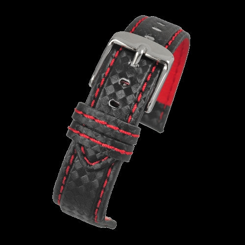 22mm Premium Black Carbon Fibre Watch Strap with Red Stitching