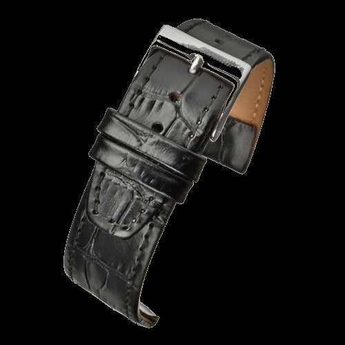 Bracelet rétro 20mm en cuir de veau noir motif alligator pour montres avec barrettes fixes solides