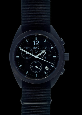 MWC Mechanical/Quartz Hybrid NATO Pattern Military Pilots Chronograph in Non Reflective Black PVD Finish