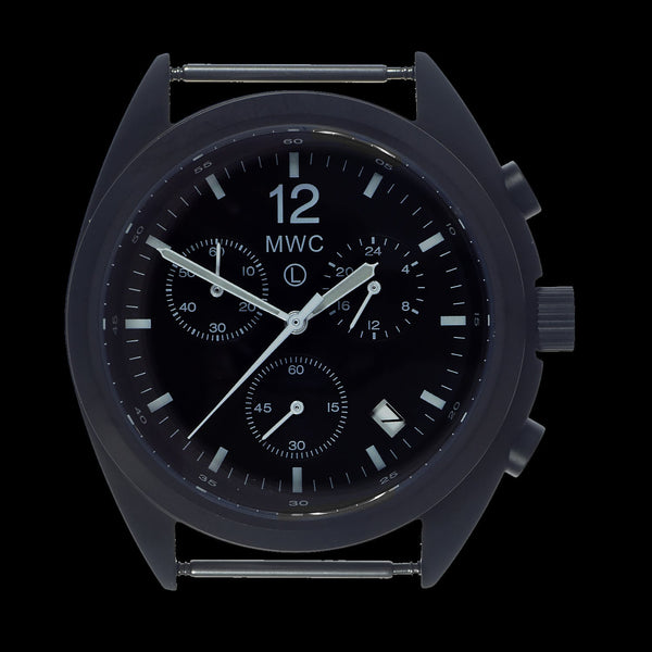 MWC Mechanical/Quartz Hybrid NATO Pattern Military Pilots Chronograph in Non Reflective Black PVD Finish