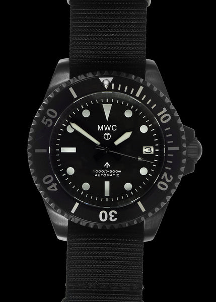 MWC 24 Jewel 1982 Pattern 300m Automatic Military Divers Watch in Black PVD with a Sapphire Crystal on a NATO Webbing Strap (Date Version)