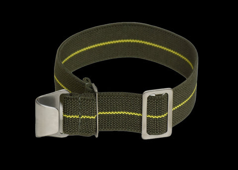 22mm Elasticated French Navy and Special Forces Strap in Green with a Yellow Stripe