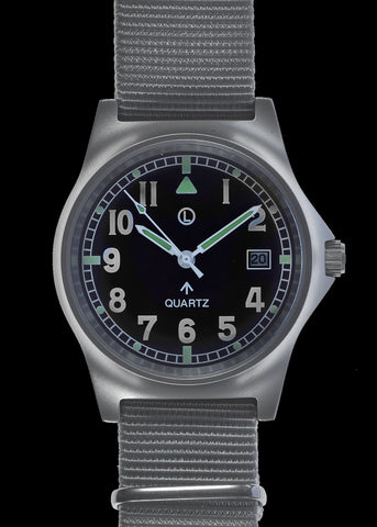 MWC G10 LM Stainless Steel Military Watch on a Grey NATO Military Webbing Strap