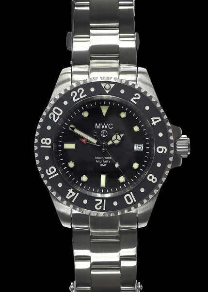 MWC GMT (Dual Time Zone) Stainless Steel Military Watch with Sapphire Crystal and Ceramic Bezel on a Matching Stainless Steel Bracelet