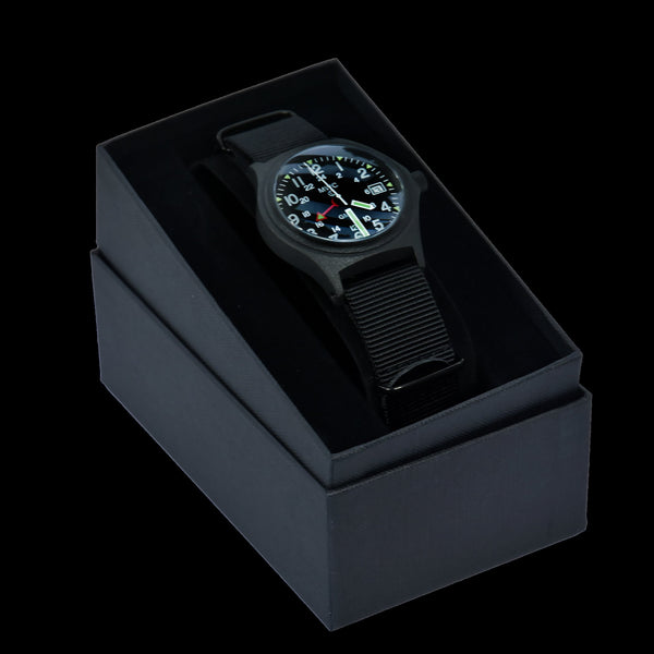 MWC GMT (Dual Time Zone) 100m Water resistant Military Watch in Black PVD Steel Case with Screw Crown