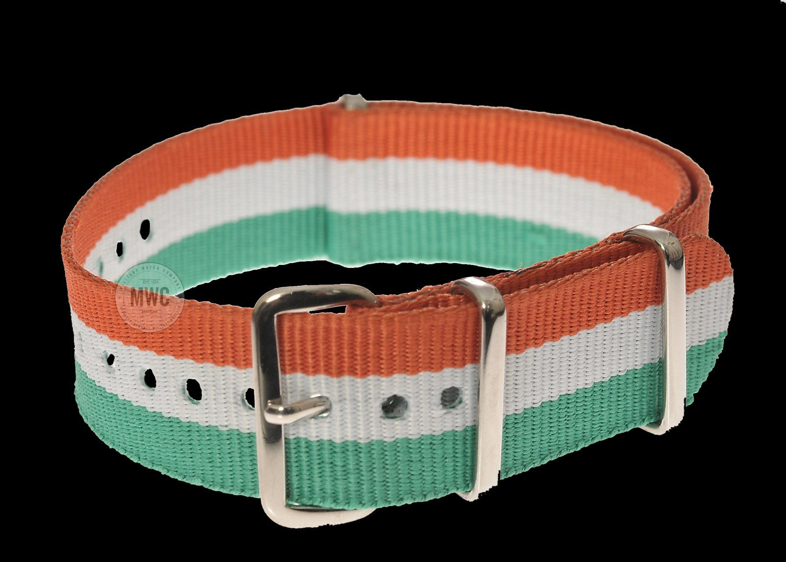 Correa de reloj militar NATO de Irlanda de 20mm en "naranja, blanco y verde"