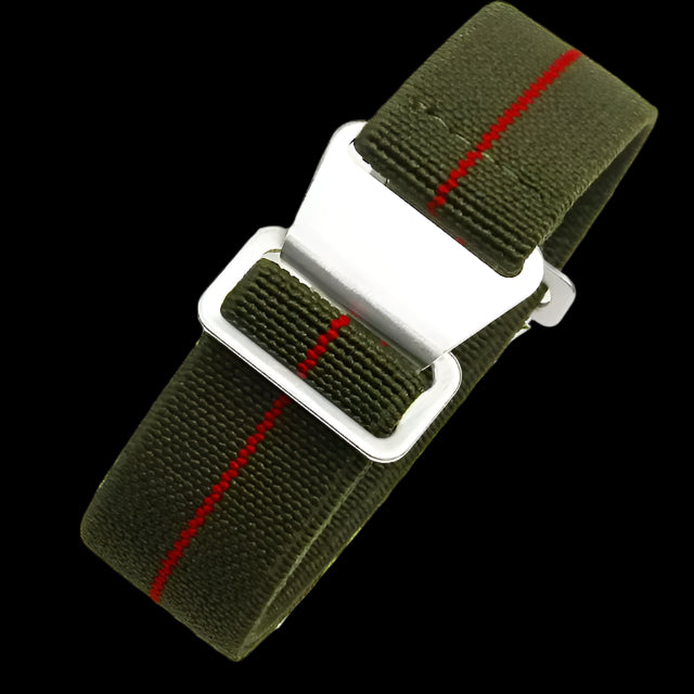 Bracelet élastique 22mm Marine française et Forces spéciales en vert avec une bande rouge