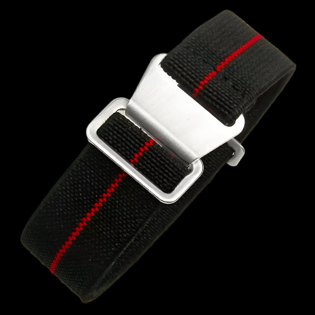 20mm Elasticated French Navy and Special Forces Strap in Black with a Red Stripe