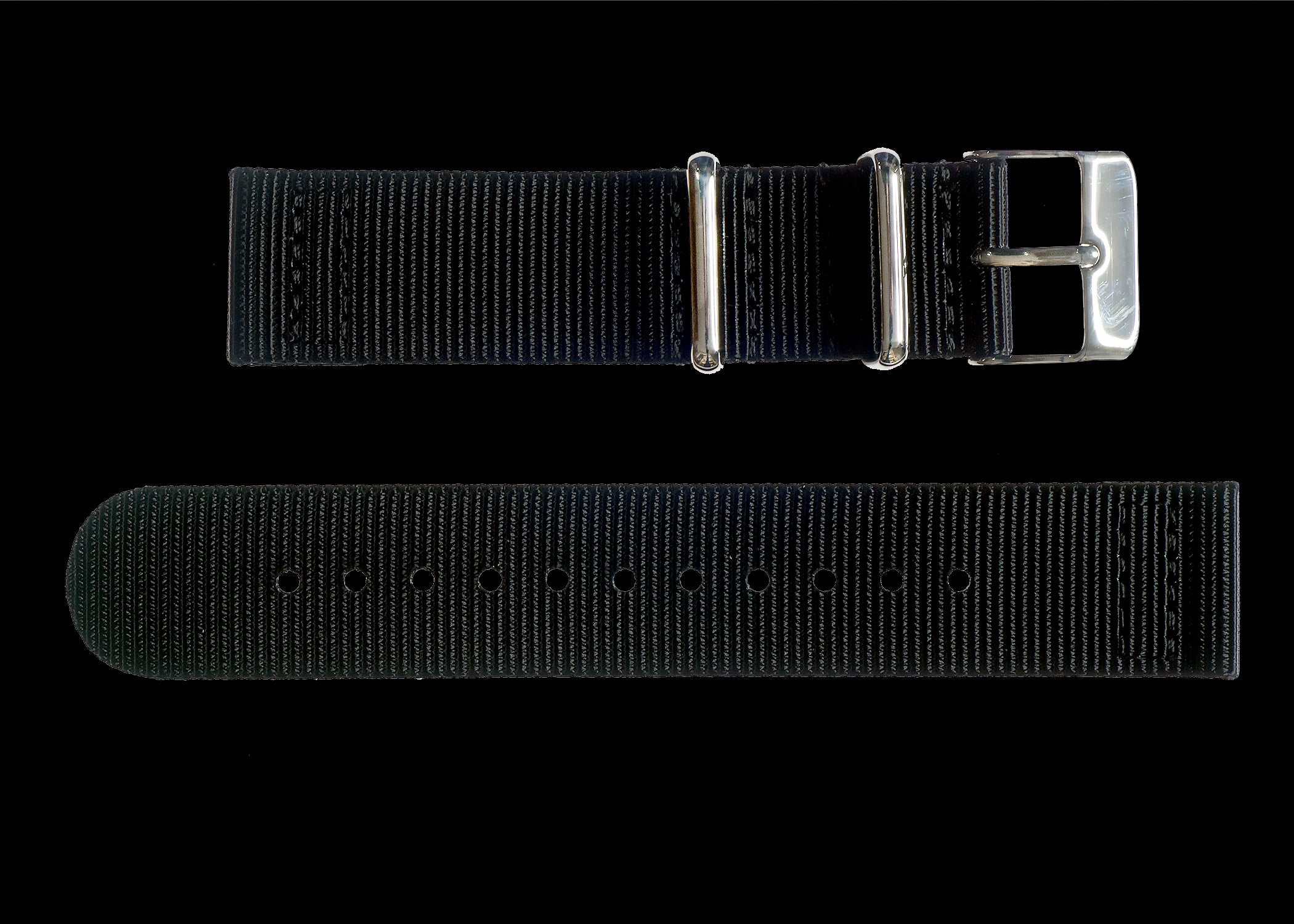 2-teiliges 20mm schwarzes NATO Militär-Uhrenarmband aus ballistischem Nylon mit Edelstahl-Verschlüssen