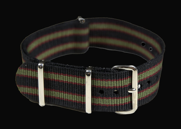 The Original 1964 007 Strap! 20mm Black, Maroon and Olive Drab NATO Military Watch Strap in Ballistic Nylon