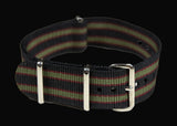 The Original 1964 007 Bond Strap! 18mm Black, Maroon and Olive Drab NATO Military Watch Strap in Ballistic Nylon