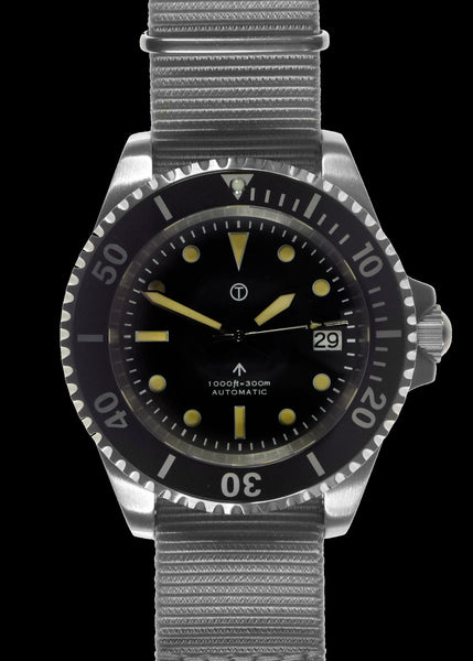 MWC 21 Jewel 1980s Pattern 300m Automatic Military Divers Watch with Sapphire Crystal and a Black and a Grey NATO Strap