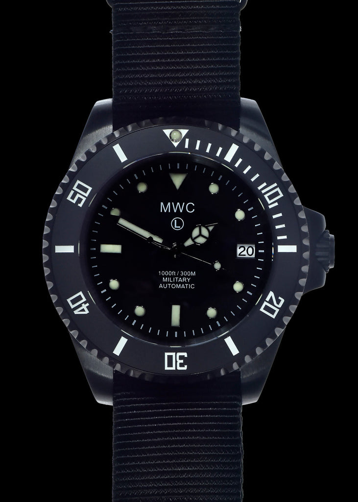 MWC 24 Jewel 300m Automatic Military Divers Watch with Sapphire Crystal and Ceramic Bezel in Black PVD Steel