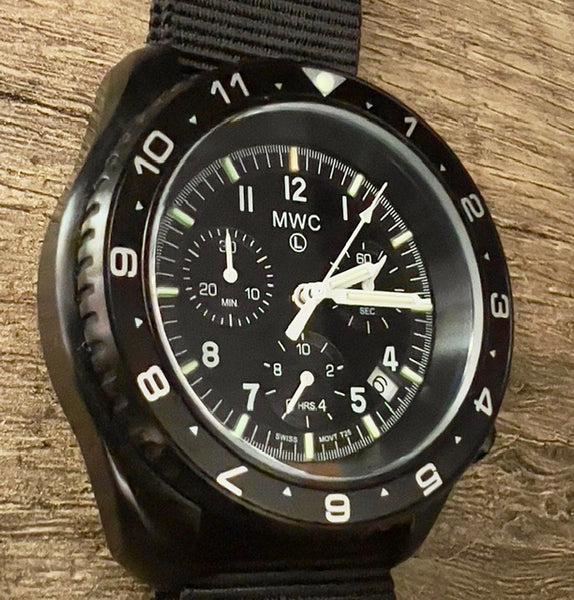 MWC NATO Pattern Stainless Steel Military Pilots Chronograph with Sapphire Crystal and Swiss Ronda Movement - 12 Hour GMT Bezel and GTLS/Tritium Illumination