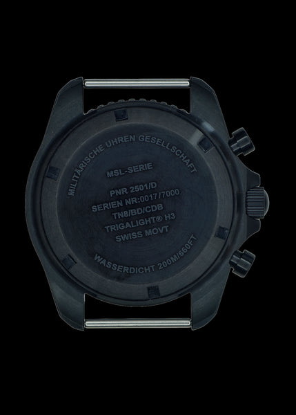 MWC NATO PatternBlack PVD Steel Military Pilots Chronograph with Sapphire Crystal and Swiss Ronda Movement with GTLS/Tritium Illumination