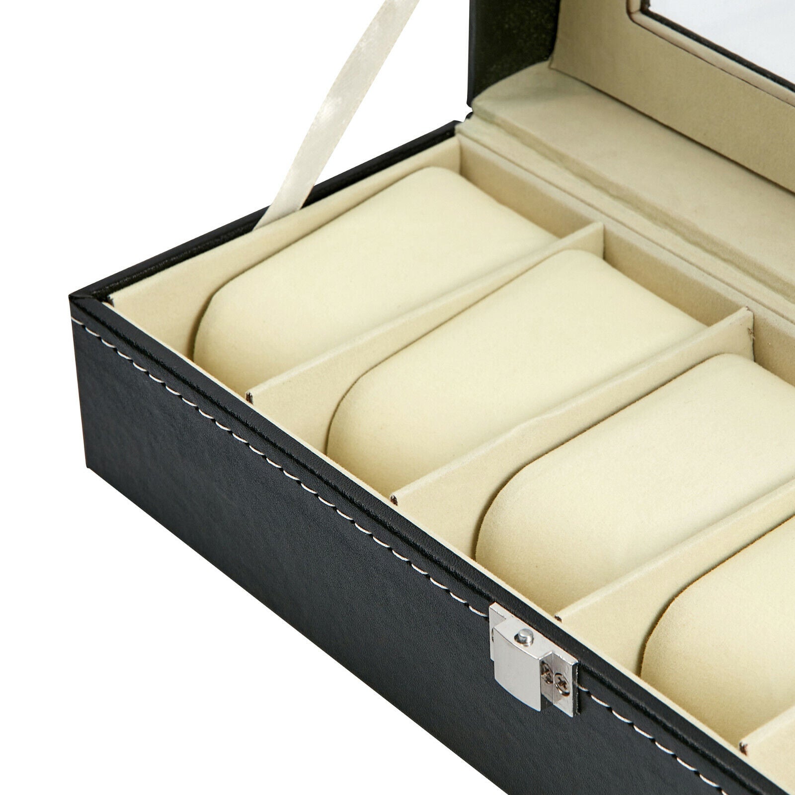 PU Leather Watch Display Case for 6 Watches with a Clear See Through Lid and Lock