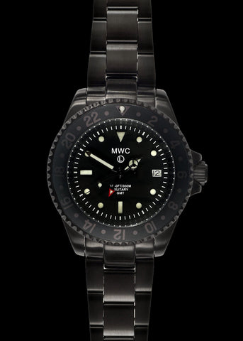 MWC GMT (Dual Time Zone) 100m Water resistant Military Watch in Black PVD Steel Case with Screw Crown